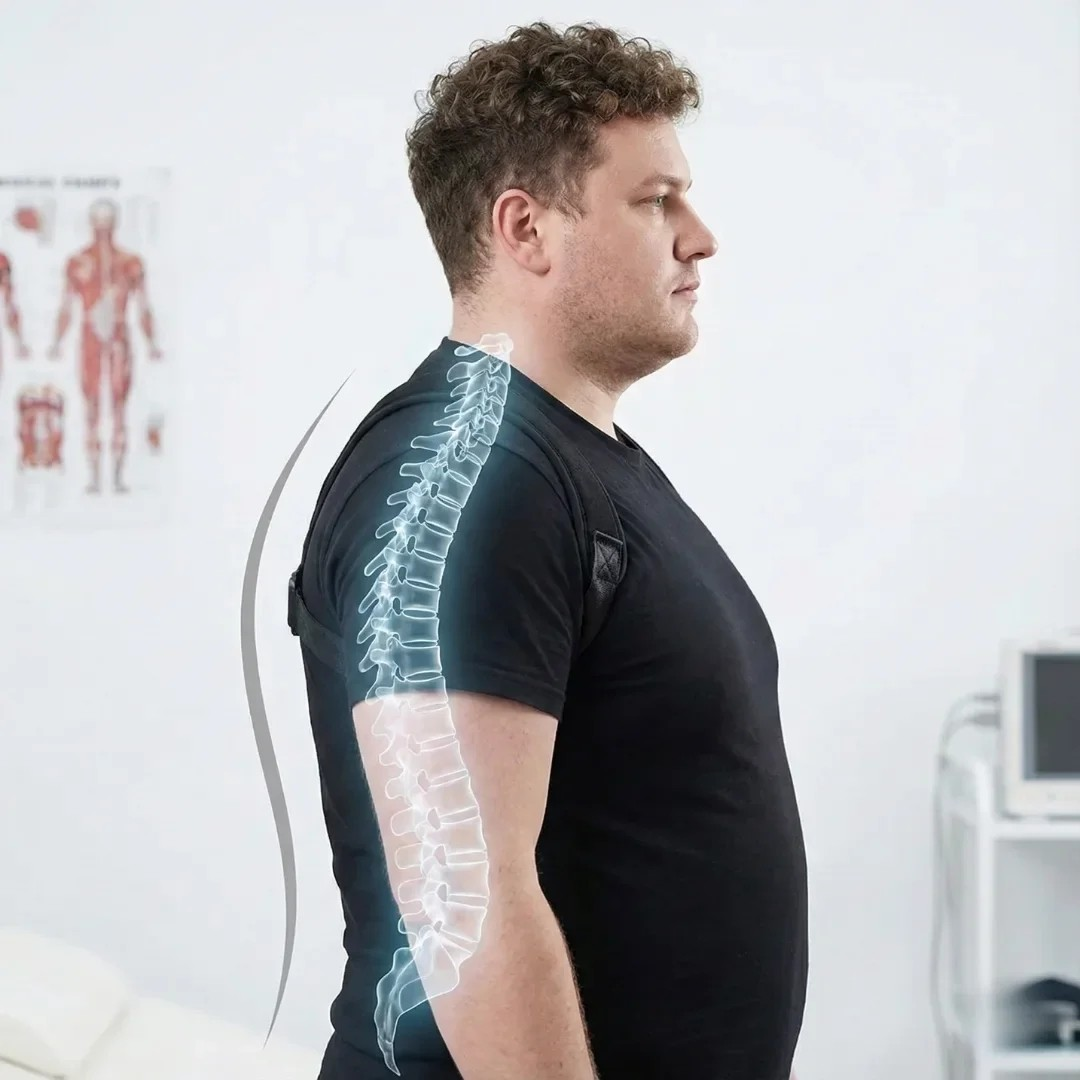 Person demonstrating upright posture with spinal alignment illustration